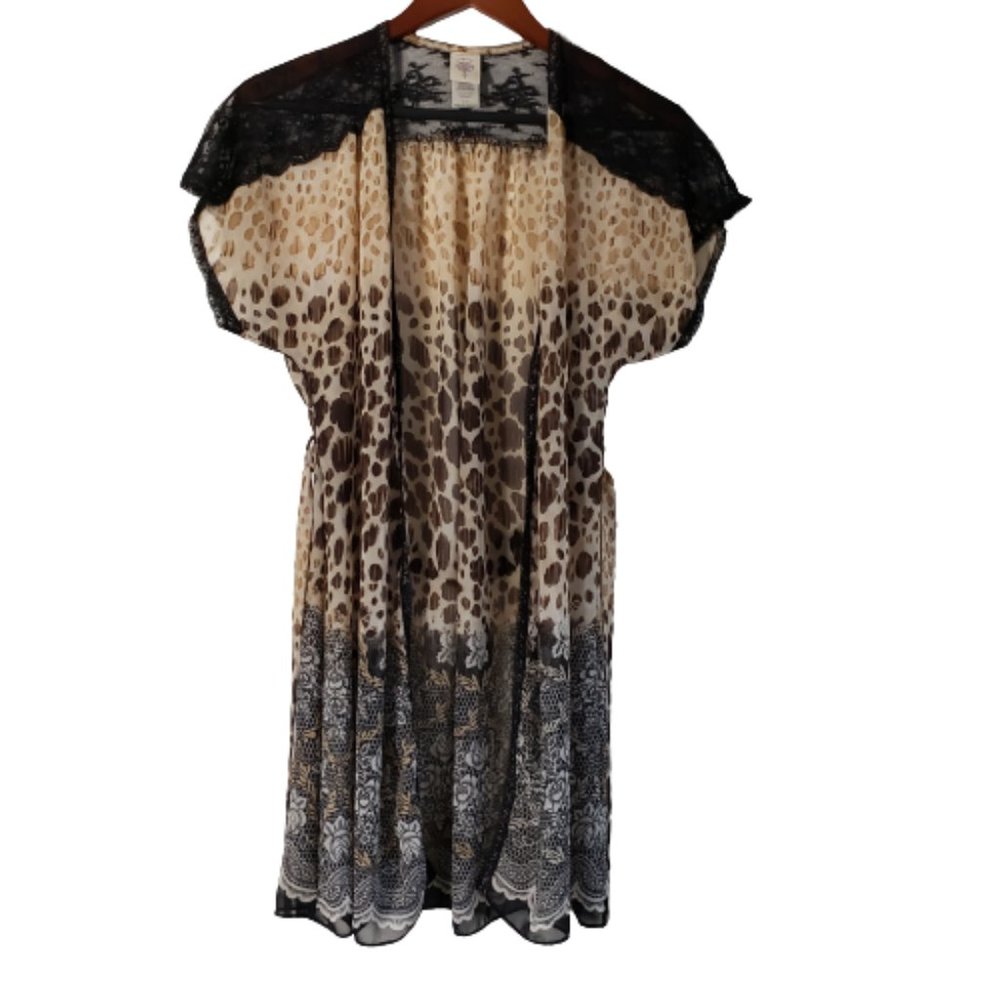 In Bloom Shorty Wrap Robe Sheer Black Lace Shoulders Leopard Print Size Small